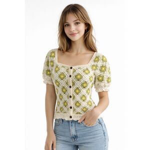 GLG Good Luck Gem Crochet Granny Square Cardigan Puff Sleeve Boho M